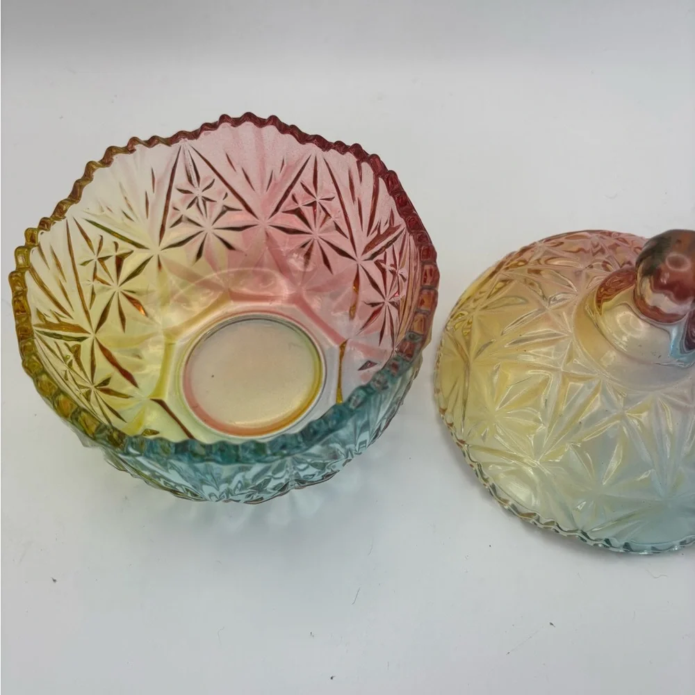 Iridescent Glass candy dish, storage with lid - Picture 3 of 7